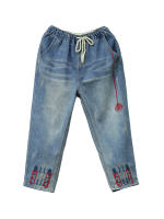 Pantalones vaqueros rasgados de gran tamaño para mujer, Jeans elásticos Vintage con bordado de ocio, moda de verano - details 4