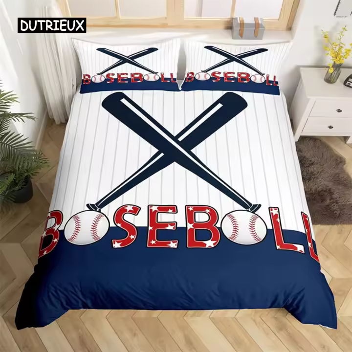 Setera de Béisbol con Temática Deportiva de Poliéster Cubierta de Edredón con Rayas Geométricas para Amantes de los Deportes y para Niños y Niñas - 1