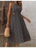 Vestido sin mangas con cintura hueca, estampado floral, elegante, cuello semialto - details 11