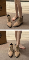 Botas de mujer Otoño e Invierno botas cortas de estilo británico Color sólido gamuza puntiagudas con cordones tacón grueso botas de gran tamaño - details 4