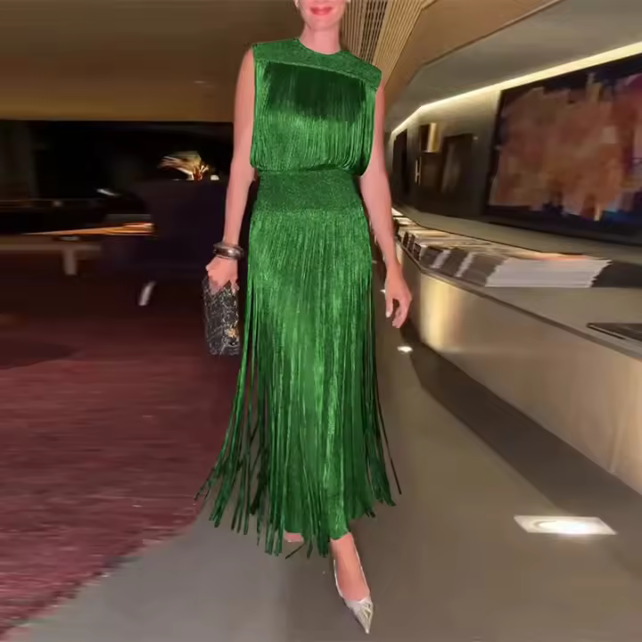 Elegante Vestido de Dos Piezas con Borlas Tops sin Mangas con Cuello Redondo Vestido Maxi Ajustado - 1