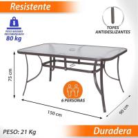 Mesa de jardín de Cristal y Acero |   De 150x90x75 cm |   Resistentes: Cristal Templado, Acero anticorrosión |   para 6 Personas |   para exterior |   Clásico - details 4
