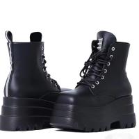 Botas de suela gruesa para mujer, botas medias de tacón de cuña con cordones góticos, color europeo y americano, talla grande - details 3