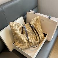 Bolso grande de paja tejido a mano - Bolso de hombro beige elegante con correas negras, espacioso para la playa, vacaciones o uso diario, bolso de playa - details 2