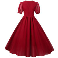V neck women summer solid lantern short sleeve chiffon elegant vintage long party dress - details 4