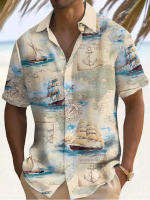 Camiseta vintage para hombre con estampado gráfico de barco de vela, ropa de manga corta con cuello redondo para verano al aire libre - details 2