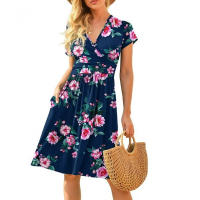 Ropa de mujer europea y americana de manga corta estampado de bolsillo de longitud media vestido - details 1