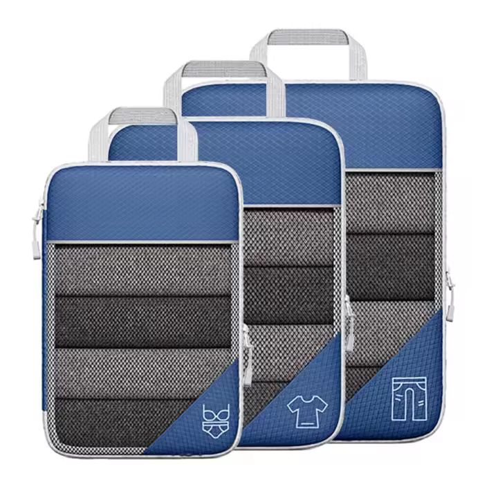 Bolsas portátiles de 3 piezas, bolsa de almacenamiento comprimible de viaje, conjunto de malla Visual, organizador de equipaje, azul - 1