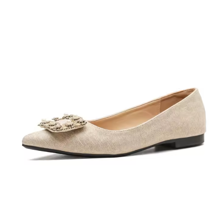 Zapatos de novia planos para mujer 2025, nueva hebilla cuadrada de perlas, sin usar los pies, boca poco profunda de cuero suave de hadas, viento, punta puntiaguda, un solo pedal. - 1