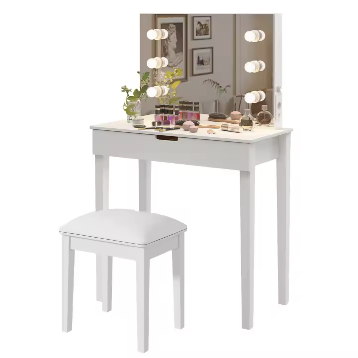 Schminktisch mit Spiegel, Schminkhocker, Schminktisch-Set mit 6 Glühbirnen, weiß - 1