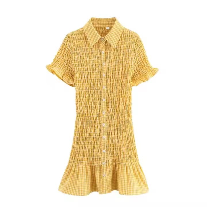 BUNO-moda para mujer, Mini vestido plisado a cuadros con una botonadura, Vintage, cuello de solapa, manga corta, vestidos elegantes para mujer - 1