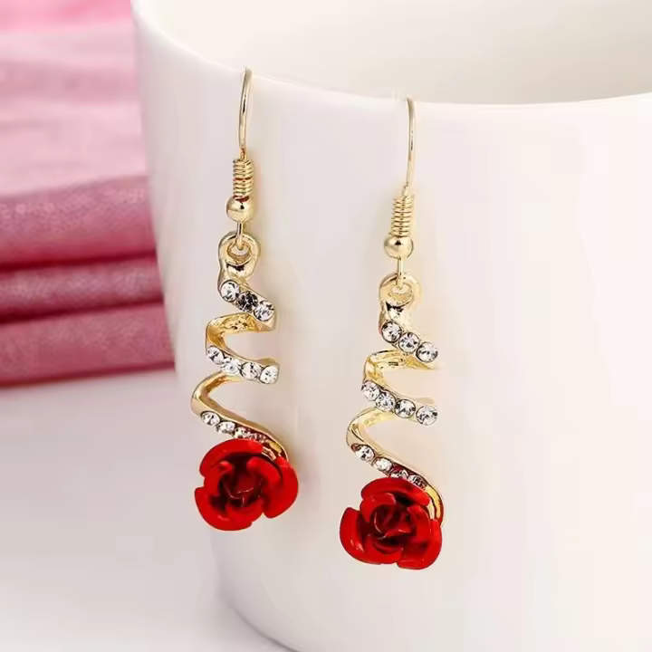 Nueva joyería de moda, pendientes de rosa roja para mujer, pendientes colgantes RES con diamantes de imitación vintage, fiesta de compromiso y boda - 1