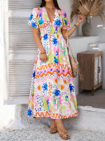 2025 Primavera / Verano Casual Bomisia Vacaciones Estilo Estampado Contraste Color Cuello en V Cintura alta Vestido de manga corta - details 14