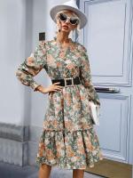 Vestido de manga larga de primavera para mujer, estampado elegante, cuello en V, informal, línea A, hasta la rodilla, cintura alta - details 9