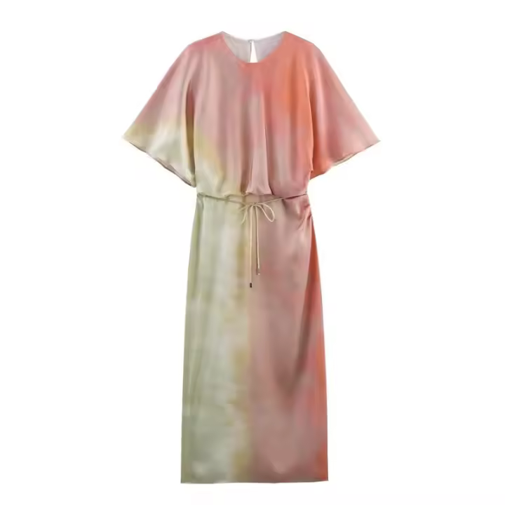 BUNO- 2025 Mujer moda seda textura Midi vestido Casual ajustado manga corta cuello pico Midi Vestidos largos Mujer - 1
