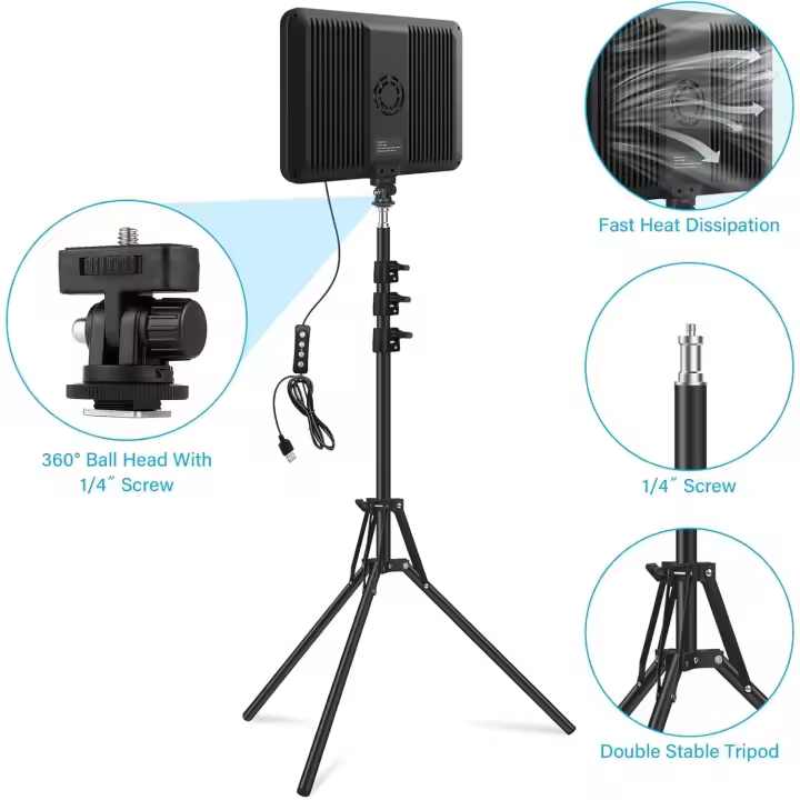 2 Paquete Luz Fotografia LED de Vídeo con 63'' Trípode, 2500-8500K Iluminación de Estudio de focos Fotografía para Grabación de Videoconferencia/Juegos en Vivo/Youtube, Cargador USB - 1