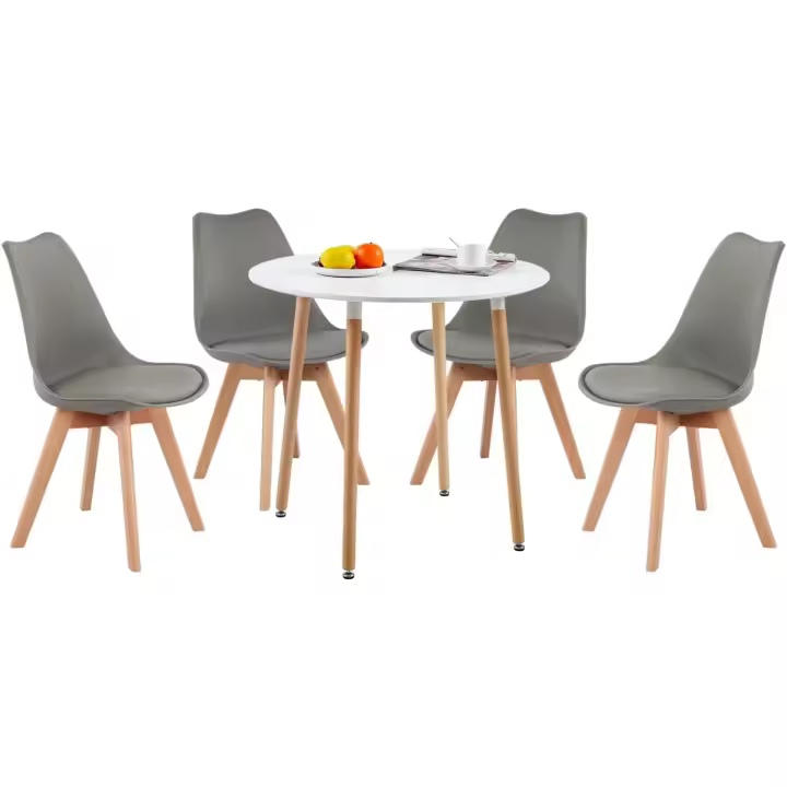 Juego de Mesa de Comedor y Sillas, 1 Mesa Redonda de 80 cm + 4 Sillas Blancas, de Diseño Nórdico - 1