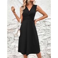 Nuevo producto verano 2025 color sólido con cuello en V, cintura cruzada plisada, vestido sin mangas, midi y largo, vestido largo de mujer - details 4