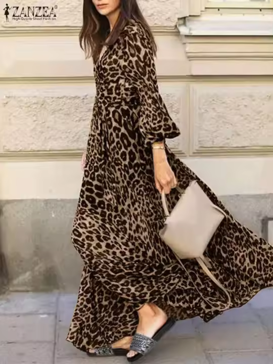 Vestido largo de moda de otoño y verano con manga de leopardo, fiesta para mujer, bata estampada con cuello en V - 1
