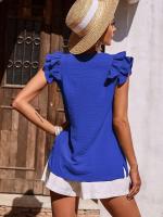 Camisa casual elegante con cuello en V para mujer, parte superior lisa con ribers de oficina, mangas de hoja de loto, verano - details 16