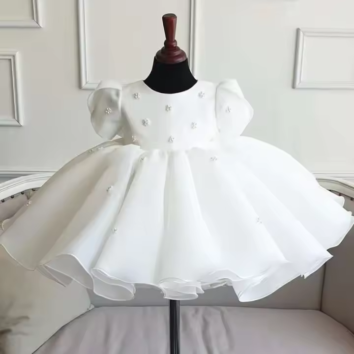 2024 Vestido de princesa dulce con cuello redondo blanco Primavera y otoño Bebé de Año Nuevo para niñas - 1