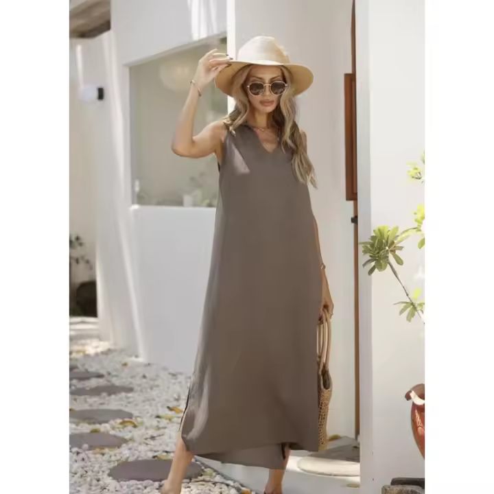 Vestido de verano nuevo de talla grande para mujer, algodón, lino, Color sólido - 1