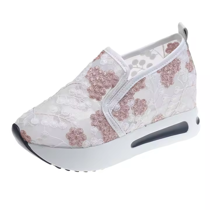 Cuña de malla con lentejuelas para mujer, zapatillas de deporte transpirables con plataforma de oro blanco, zapatos casuales que aumentan la altura - 1