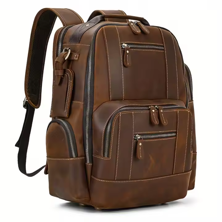 Mochila vintage de piel de vaca auténtica para hombre, color marrón oscuro clásico, gran capacidad con correas ajustables, compartimentos para computadora portátil y tableta, diseño duradero multicapa para viajes y escuela al aire libre, regalo ideal de S - 1