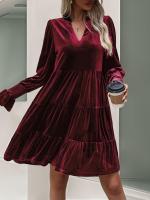 Otoño e Invierno suelto Color sólido con cuello en V vestidos de manga larga para mujer nuevo en elegante Retro Casual Midi vestido femenino - details 19