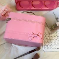 Bolsa de maquillaje de cuero PU con lazo rosa, caja de almacenamiento de productos para el cuidado de la piel con mango de aleación portátil, estuche de maquillaje de mano impermeable de gran capacidad - details 2