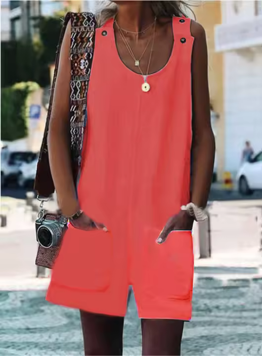 Mameluco sin mangas con bolsillo con botones para mujer, sin top de tubo, mameluco informal sin mangas con cuello redondo, monos de verano, ropa de mujer de moda para uso diario - 1