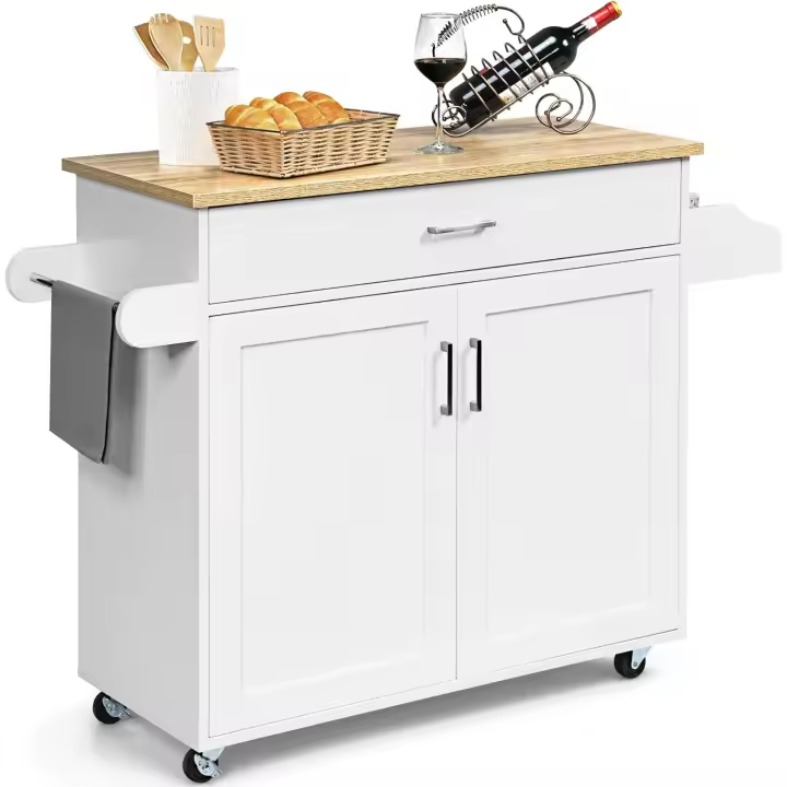 Cocina, Isla de Cocina, Armario de Cocina con Toallero y Estante para Especias, Cajón Grande y Estante Ajustable, Carrito de Madera con Ruedas, Color Blanco (Blanco) - 1