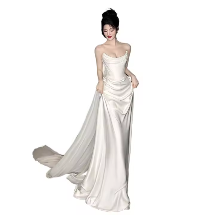 Vestido de novia ligero de satén, estilo francés, sensación sencilla y lujosa, acogedor y para salir con un vestido blanco sin tirantes - 1