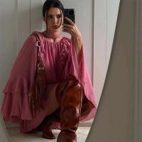 Vestido largo Irregular de gasa con volantes y escote en V profundo para mujer, Vestido holgado liso con mangas abullonadas elegantes, Vestido de calle alta para mujer 2025 - details 8