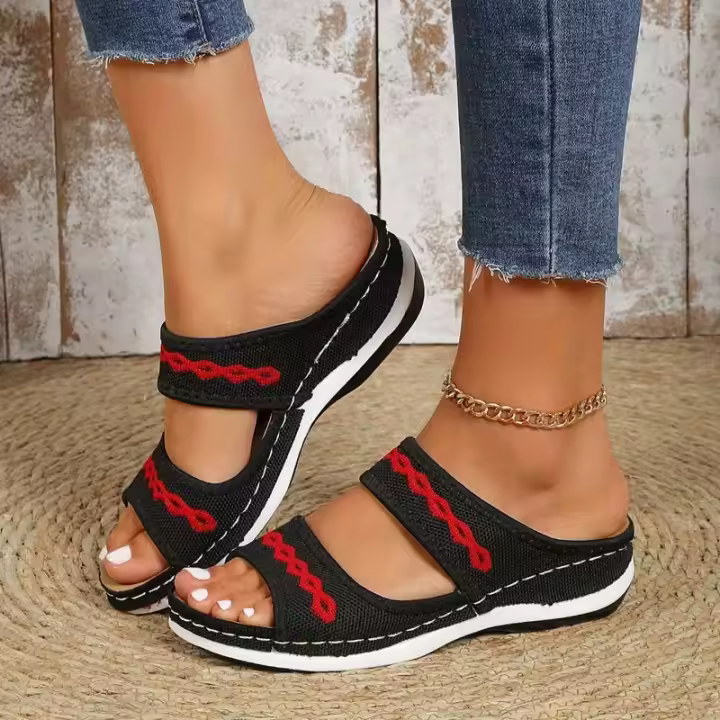 Sandalias de mujer con forma de cuña y zapatos con soporte para el arco. Abra la puntera y deslice para deslizarse informalmente al aire libre. - 1