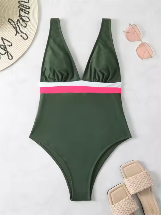 Bañador de una pieza con cuello en V para mujer, liso y sexy con camisola, traje de playa de verano - 1
