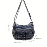 Bolso de hombro de mezclilla para mujer, bandolera de color sólido a la moda con correa ajustable, cierre de cremallera, forro de poliéster, bolso de viaje estilo coreano - details 10