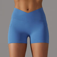 Hamidou-pantalones cortos de gimnasio cruzados para mujer, pantalones cortos de Yoga con bolsillos, mallas de entrenamiento para mujer, pantalones cortos de cintura alta, realce de glúteos - details 2