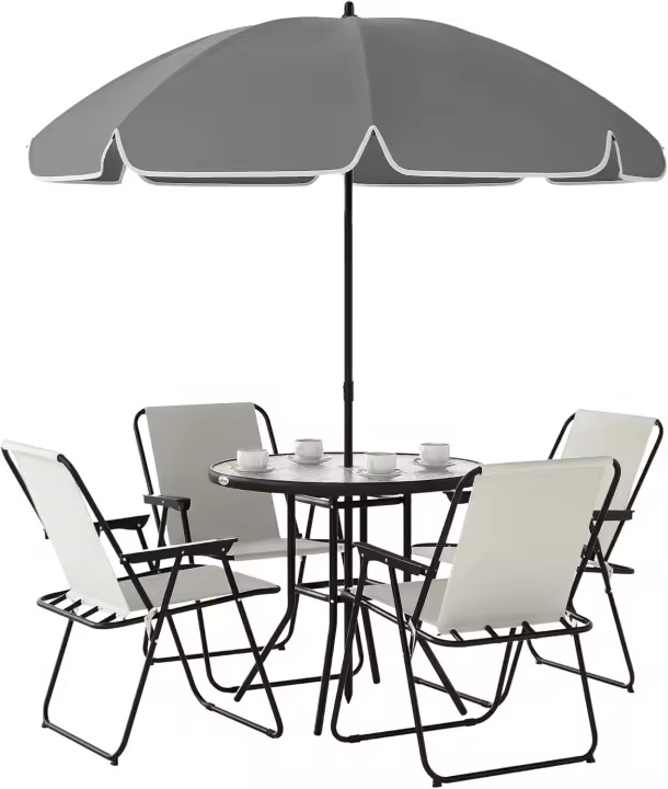 Conjunto de mesa y sillas de jardín de 6 piezas, muebles de jardín exterior con 4 sillas plegables, mesa de vidrio y sombrilla para terraza/patio, color gris. - 1