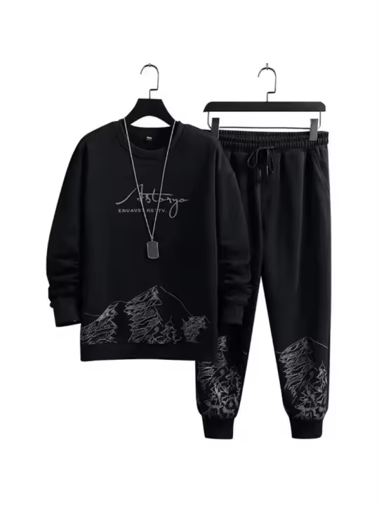 Chándal cómodo para hombre, conjunto de chándal con estampado de montaña y sudadera con cuello redondo, pantalones de correr con cordón para Otoño e Invierno - 1