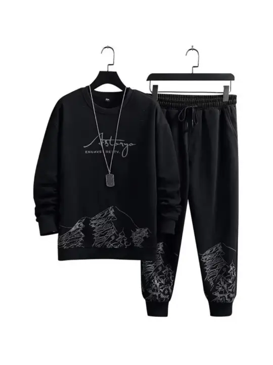 Chándal cómodo para hombre, conjunto de chándal con estampado de montaña y sudadera con cuello redondo, pantalones de correr con cordón para Otoño e Invierno - 1