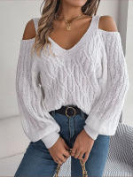 Jersey con cuello en V para mujer, manga farol, Color sólido, torceduras de masa frita, suéter informal suelto, Tops de moda, otoño e invierno, 2023 - details 5