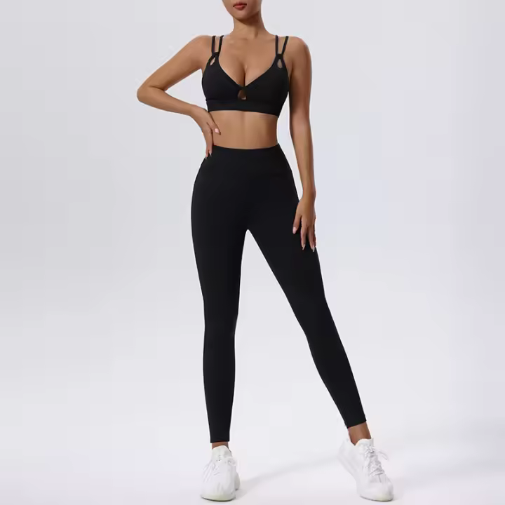 Conjunto de yoga transpirable para mujer, top corto con pantalones cortos y leggings de cintura alta - 1