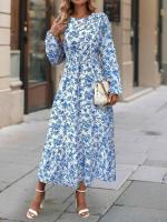 Elegante Vestido Maxi Floral Casual Cuello Redondo con Volantes Manga Larga - details 2