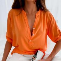 Verano Color Sólido, Cuello En V Levantado, Mangas Cortas, Botones, Camisa Casual, Blusa De Media Alfombra para Mujer Con Corte 3D - details 2