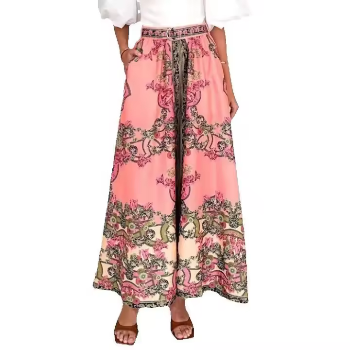 2025 Primavera/Verano nueva falda de media longitud informal de estilo étnico estampada a la moda para mujer - 1