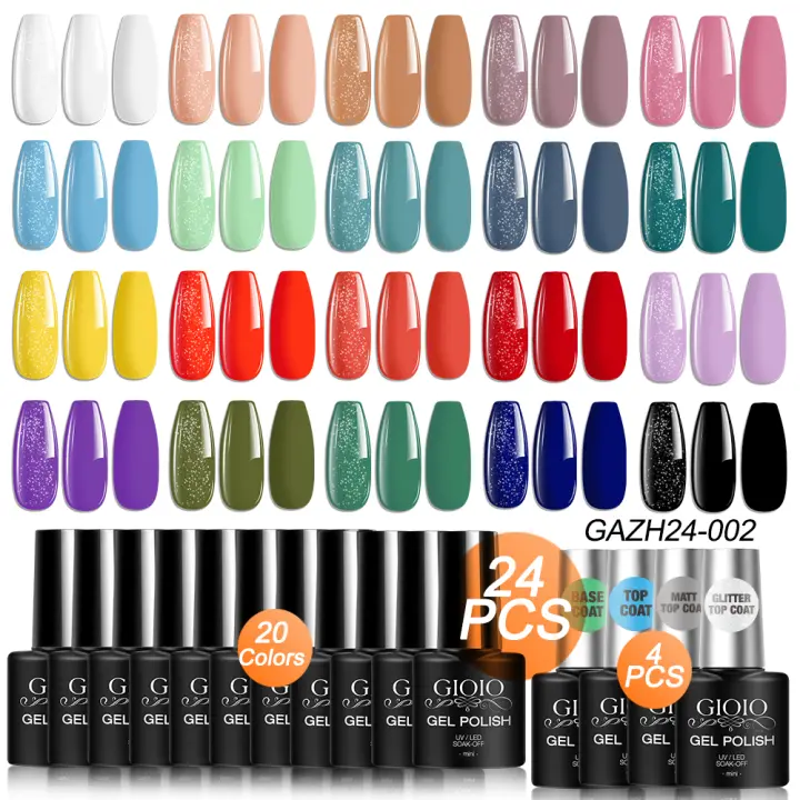 Kit de esmalte de uñas de gel de 24 piezas Esmalte de gel de 20 colores con capa base Kit de uñas de gel de capa superior brillante y mate y con purpurina Colección verde oscuro azul rojo Gel UV para todas las estaciones para mujeres - 1