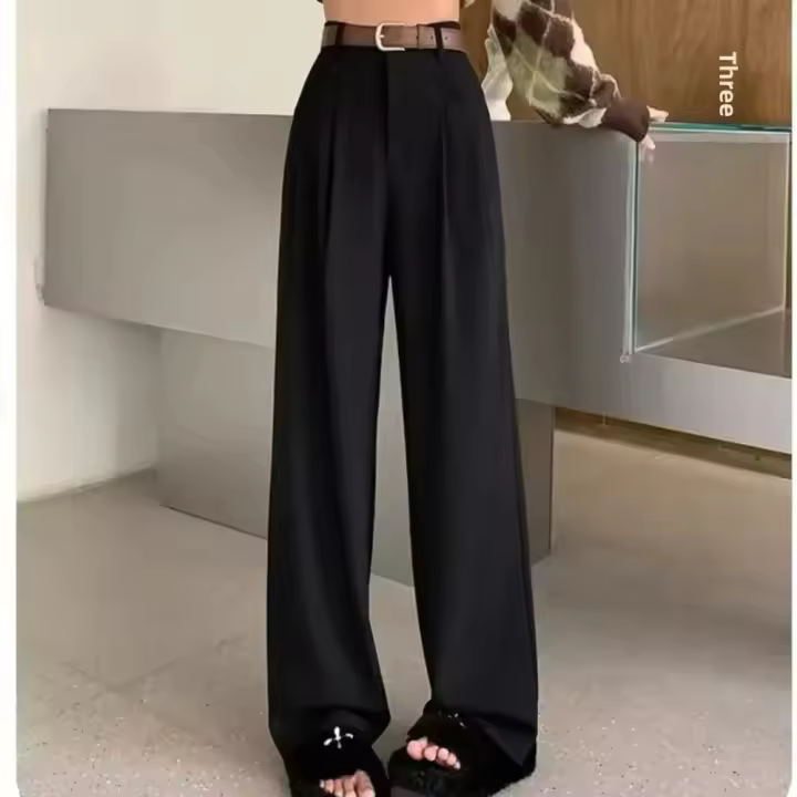 Pantalones de traje de pierna recta de cintura alta para mujer, pantalones drapeados informales para primavera y otoño, nuevo estilo elegante, pantalones de pierna ancha estrechos hasta el suelo - 1