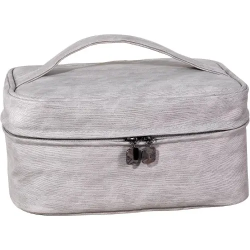 Neceser de viaje impermeable de piel óptica para cosméticos, organizador portátil de gran capacidad con compartimentos y asas, color gris. - 1