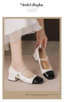 Zapatos de tacón medio para mujer, cómodos, de 3cm, bloque de color blanco y negro, zapatos Mary Jane con punta cuadrada - details 20